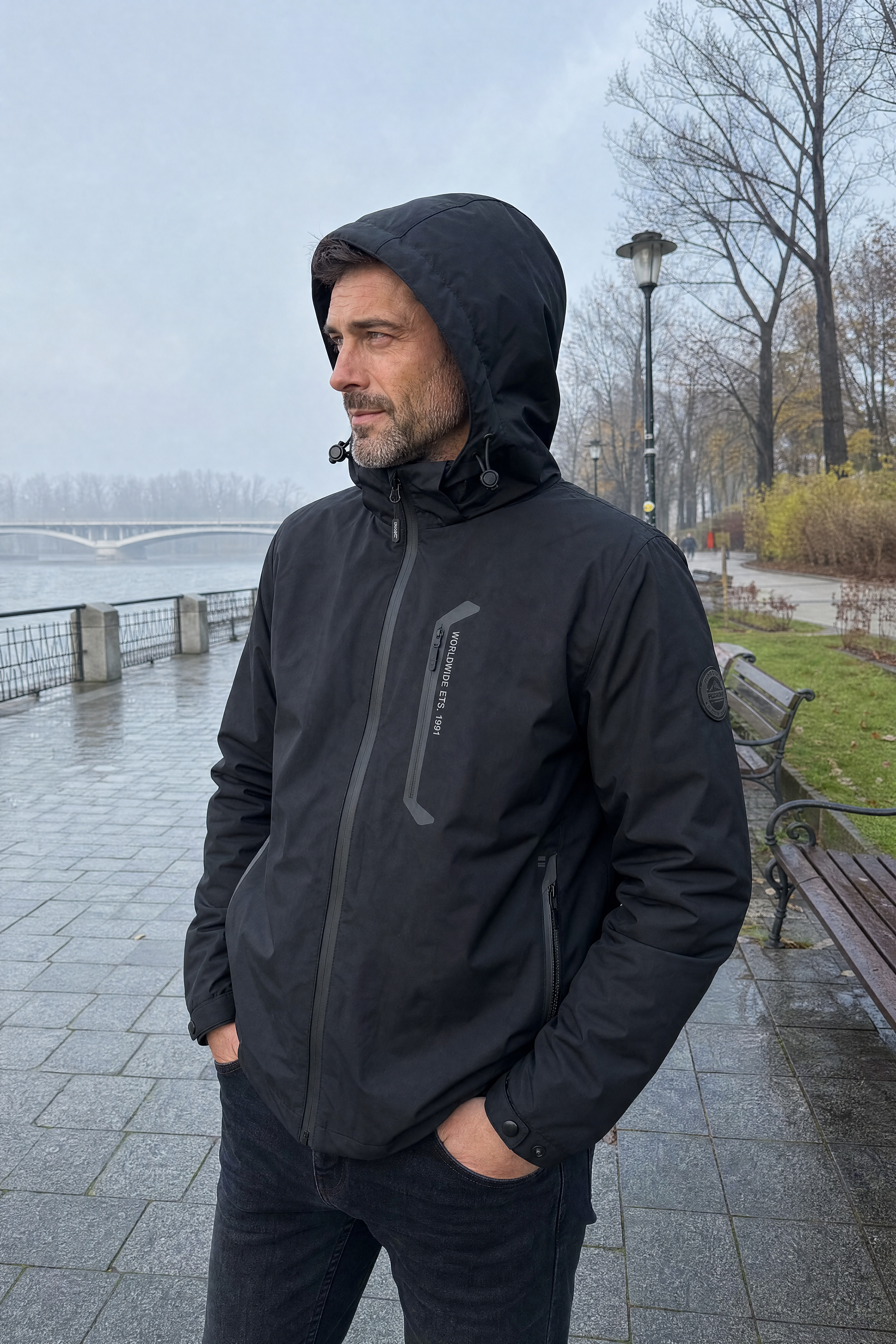 Kurtka męska przejściowa z kapturem sportowa jesień zima czarna M-3XL